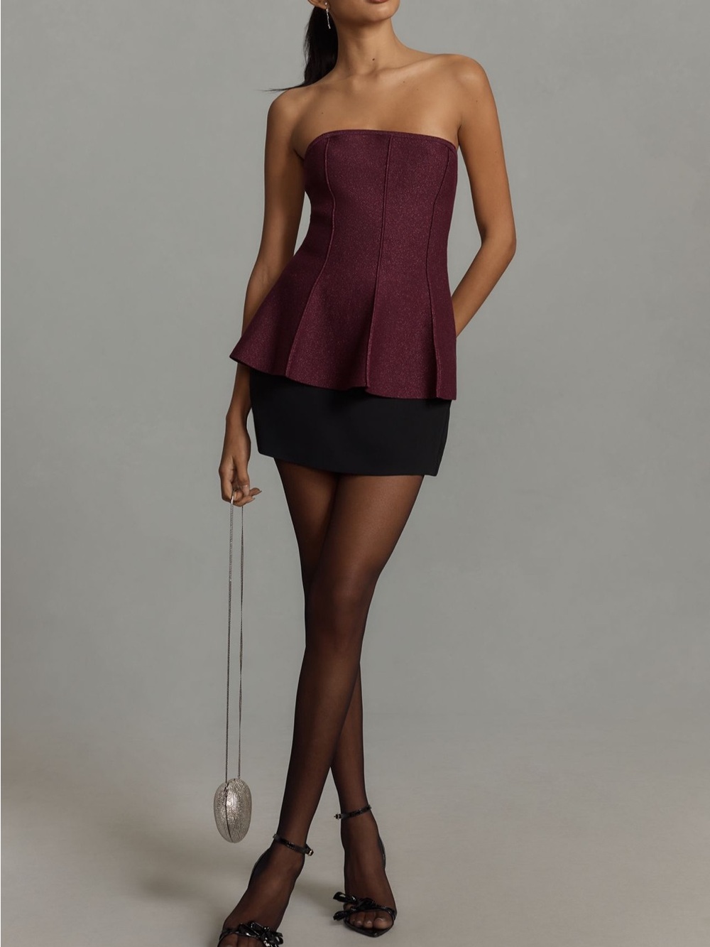 Anthropologie Burgundy Strapless Peplum Top